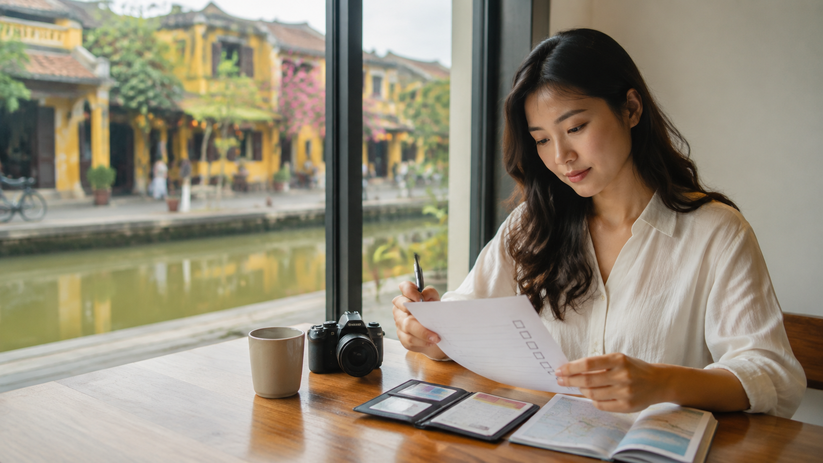 Du khách đối chiếu checklist và thông tin chuyến đi trước khi đặt dịch vụ