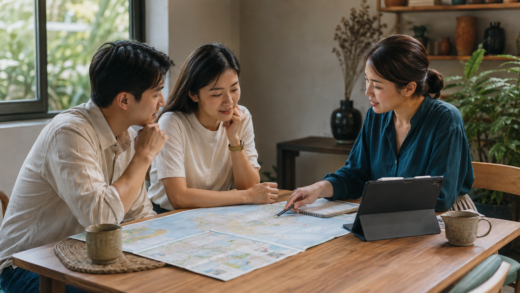 Chuyên viên tư vấn cùng khách hàng chuẩn bị hành trình trên bản đồ